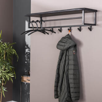 LifestyleFurn Kapstok 'Yena' Acaciahout en metaal, met 6 haken en plank, kleur zwart Massief acacia zwart