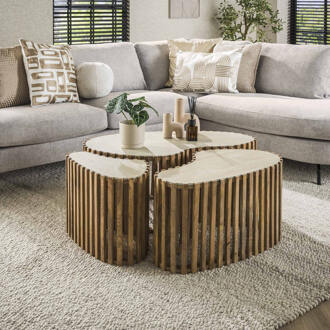 LifestyleFurn Organische Salontafel 'Beckie' Mangohout en Keramiek in Travertin-look, Set van 3 stuks Massief mango zandkleur
