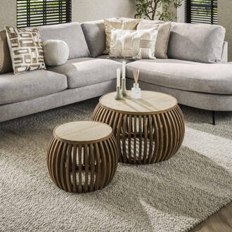 LifestyleFurn Ronde Salontafel 'Beckie' Mangohout en travertinlook, Set van 2 stuks Massief mango zandkleur