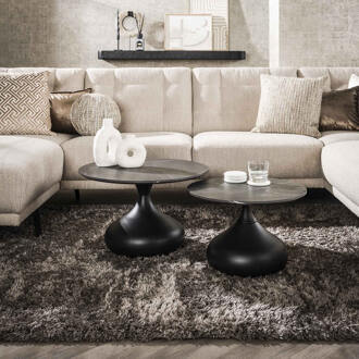 LifestyleFurn Ronde Salontafel 'Bong' Keramieklook, Set van 2 stuk 3D zwart bruin