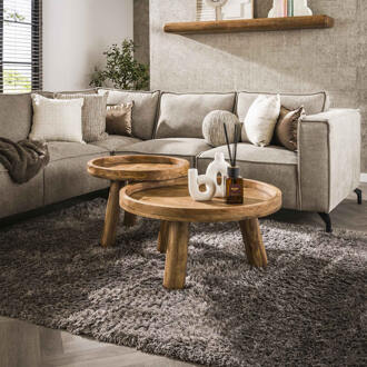LifestyleFurn Ronde Salontafel 'Kanda' Mangohout, Set van 2 stuks Massief mango zandkleur