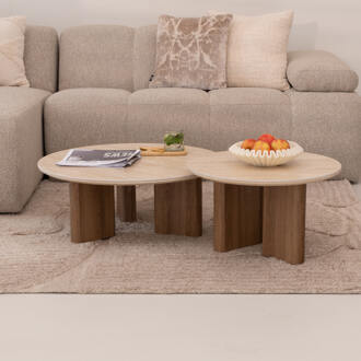LifestyleFurn Ronde Salontafel 'Laycie' Keramiek in Travertin-look, Set van 2 stuks