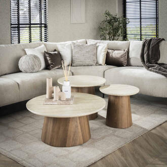 LifestyleFurn Ronde Salontafel 'Laycie' Keramiek in Travertin-look, Set van 3 stuks