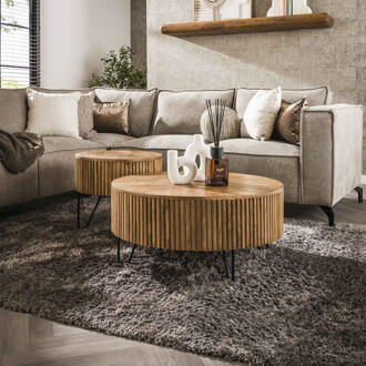 LifestyleFurn Ronde Salontafel 'Sharmila' Mangohout, Set van 2 stuks Massief mango zandkleur