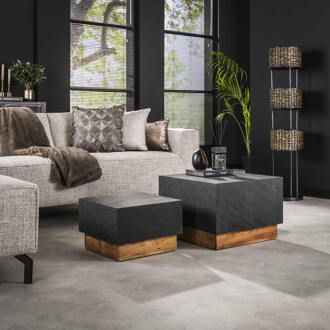 LifestyleFurn Salontafel 'Rondy' Leisteen en acaciahout, Set van 2 stuks