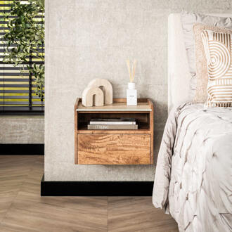 LifestyleFurn Zwevend Nachtkastje 'Beckie' Mangohout en travertinlook, Met open vak en 1 lade Massief mango zandkleur