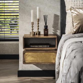 LifestyleFurn Zwevend Nachtkastje 'Renée' Mangohout en brass, 33 x 40cm Massief mango zwart