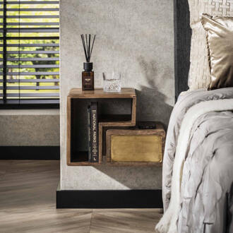 LifestyleFurn Zwevend Nachtkastje 'Renée' Mangohout en brass, Set van 2 stuks Massief mango zwart