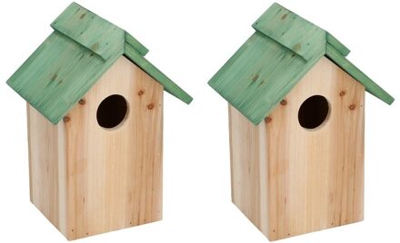 Lifetime 2x Houten vogelhuisje/nestkastje met groen dak 24 cm - Vogelhuisjes tuindecoraties