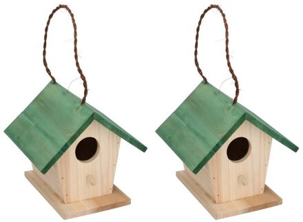 Lifetime 2x Houten vogelhuisjes/nestkastjes met groen dak 17 cm - Vogelhuisjes tuindecoraties