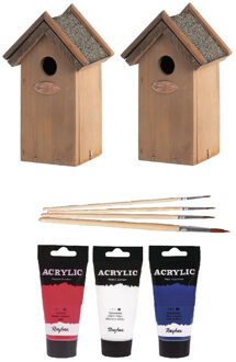 Lifetime Garden 2x Houten vogelhuisje/nestkastje 22 cm - rood/wit/blauw Dhz schilderen pakket