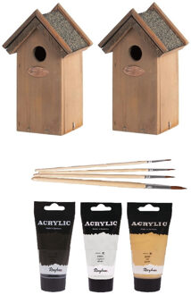 Lifetime Garden 2x Houten vogelhuisje/nestkastje 22 cm - zwart/goud/zilver Dhz schilderen pakket - Vogelhuisjes Multikleur