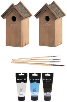 Lifetime Garden 2x Houten vogelhuisje/nestkastje 22 cm - zwart/wit/lichtblauw DHZ schilderen pakket
