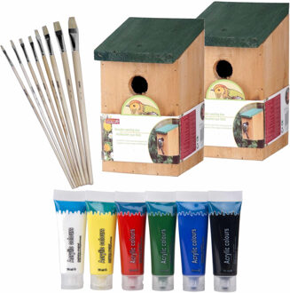 Lifetime Garden 2x stuks houten vogelhuisje/nestkastje 22 cm - Zelf schilderen pakket - verf/kwasten
