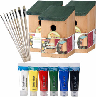Lifetime Garden 3x stuks houten vogelhuisje/nestkastje 22 cm - Zelf schilderen pakket - verf/kwasten