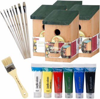 Lifetime Garden 4x stuks houten vogelhuisje/nestkastje 22 cm - Zelf schilderen pakket - verf/kwasten