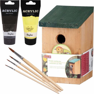 Lifetime Garden Houten vogelhuisje/nestkastje 22 cm - zwart/geel Dhz schilderen pakket - Vogelhuisjes Multikleur