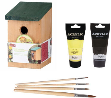 Lifetime Garden Houten vogelhuisje/nestkastje 22 cm - zwart/geel Dhz schilderen pakket