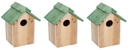 Lifetime Garden Vogelhuisje - 3x - hout - 24 x 18 x 14 cm - groen dak - nestkastje