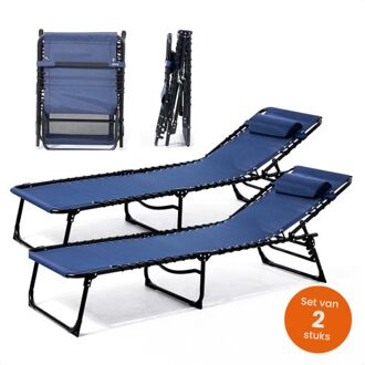 Ligbed - 5 Standen - 188 x 56 x 29 cm - 2 Stuks - Zonnebed - Strandbed - Ligstoel - Met Hoofdkussen - Blauw