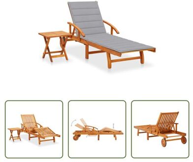 Ligbed Acaciahout Lounger - 200x67x30/51/62/77/85 cm - Grijs kussen