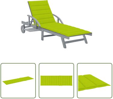 Ligbed - Acaciahout - Verstelbaar - Met Wielen - Inclusief Kussen - Grijs/Groen