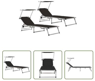 Ligbedden Ligbed - 186x58x(75-105)cm - Verstelbare rugleuning - zonnedak - Aluminium - staal - Zwart