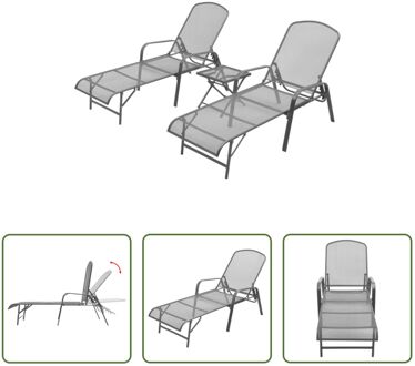 Ligbedden Set - Antraciet - Staal - 2 stuks - Inclusief Klaptafel Grijs