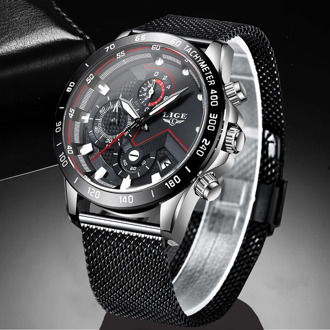 LIGE Casual Mens Watches Top Brand Sports Chronograph Quartz Watch Men Stainless Steel Mesh belt Waterproof Wristwatch Relojes