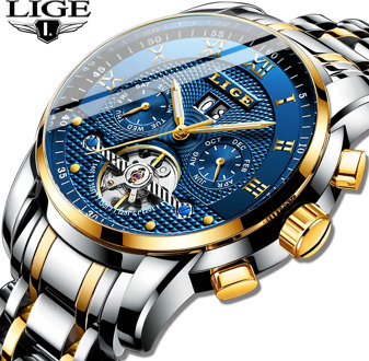 LIGE Classic Business Watch Men Automatic Mechanical Tourbillon Watch Luxury Fashion Stainless Steel Waterproof Sports Watch Men