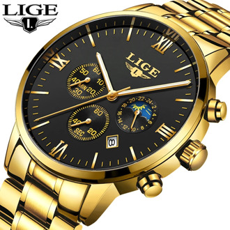 LIGE Fashion Top Brand Luxury Gold Watches Men's Stainless Steel Waterproof Quartz Clock Male Military Watch Relogio Masculino