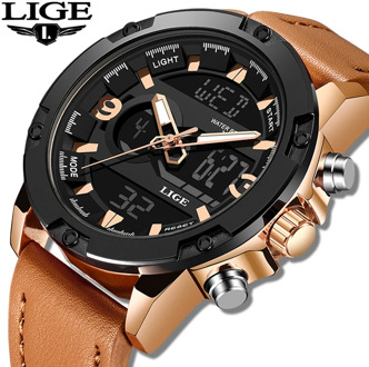 LIGE New Mens Watches Top Luxury Brand Men Leather Sports Watches Men's LED Digital Quartz Clock Waterproof Military Wrist Watch