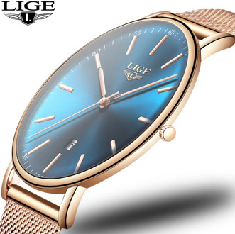 LIGE New Women Fashion Blue Quartz Watch Lady Stainless Steel Watchband High Quality Casual Waterproof Wristwatch Gift Clock+Box
