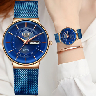 LIGE Women Watches Luxury Brand Ultra-thin Calendar Week Quartz Watch Ladies Mesh Stainless Steel Waterproof Gift reloj muje+Box