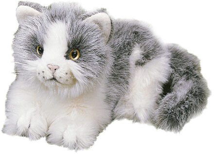Liggende kat puche wit grijs 20 cm