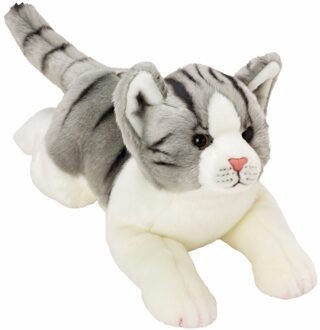 Liggende katten/poezen knuffel grijs/wit 33 cm - Knuffel huisdieren