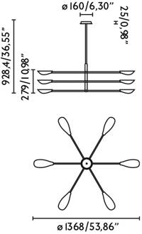 Liggera hanglamp, zwart, staal, Ø 136,8 cm, 6-lamps. zwart mat