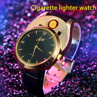 Lighter watches USB Rechargeable Flameless Cigarette Lighter fashion leather strap quartz clock male gift JH313 1pcs