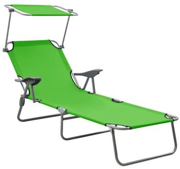 Ligstoel Basic - Ligbed - Groen - 71.5 x 188 x 27 cm - Verstelbare rugleuning en luifel - Inklapbaar