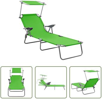 Ligstoel Basic - Ligbed - Groen - 71.5 x 188 x 27 cm - Verstelbare rugleuning en luifel - Inklapbaar