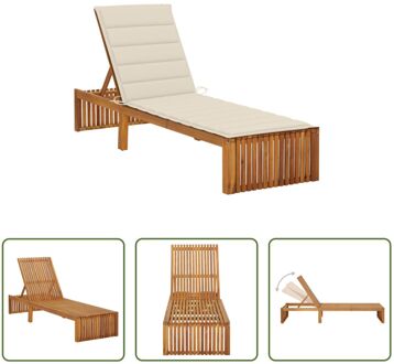 Ligstoel Houten Tuin - 200 x 60 x 30/90 cm - Verstelbare Rugleuning - Crème Kussen