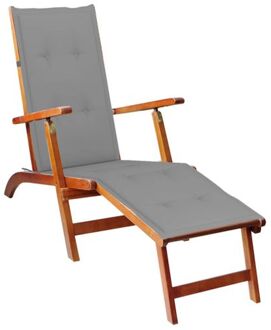 Ligstoel massief acaciahout - 167 x 56 x 75 cm - verstelbaar - inclusief kussen - grijs