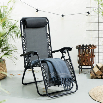 Ligstoel - met Hoofdkussen - Verstelbare Rug- en Voetleuning - Staal - 92 x 65 x 114 cm - Inklapbaar - Zwart