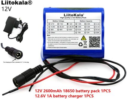 Liitokala 12 V 2600 mAh 18650 lithium-ion batterij Monitor CCTV Camera batterij 12.6 V 1A Lithium acculader