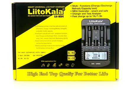 LiitoKala Lii-ND4 NiMH/Cd AA AAA LCD lader en test batterij capaciteit voor 1.2V AA AAA en 9V batterijen. Lii-ND4 en adapter / VS