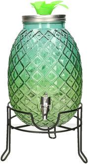 Limonade/drankdispenser ananas op verhoger - blauw/groen - 4,7 liter - glas - H39 x B19 cm