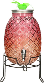 Limonade/drankdispenser ananas op verhoger - roze/oranje - 4,7 liter - glas - H39 x B19 cm