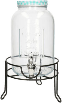 Limonade/drankdispenser op verhoger - blauw/wit geblokte dop - 3,5 liter - glas - H37 x B19 cm