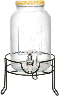 Limonade/drankdispenser op verhoger - geel/wit geblokte dop - 3,5 liter - glas - H37 x B19 cm