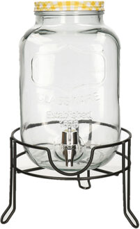 Limonade/drankdispenser op verhoger - geel/wit geblokte dop - 4 liter - glas - H37 x B19 cm